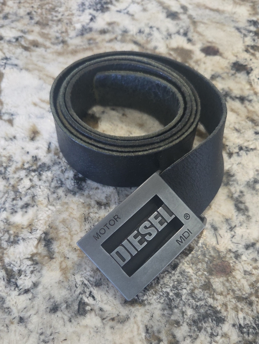 Diesel Black Leather Belt with Brushed Silver Logo Buckle